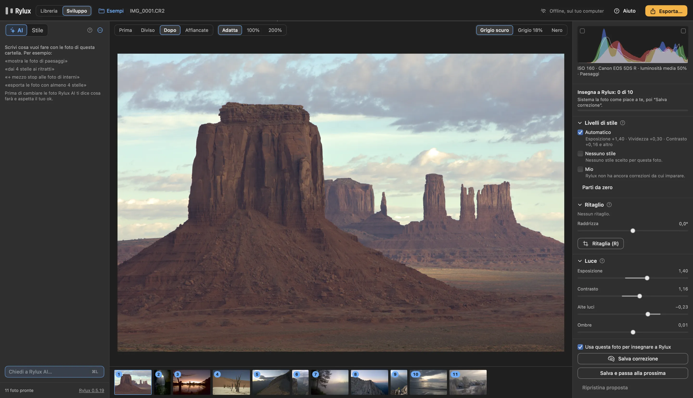 The Rylux editor with a desert butte, the histogram, the style layers and the Light and Presence panels
